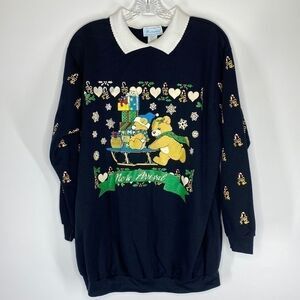 Vintage Maternity Christmas Teddy New Arrival Black Collared Sweatshirt Large